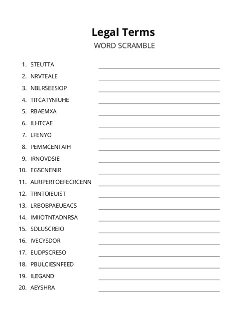 Legal Terms Word Scramble Puzzle