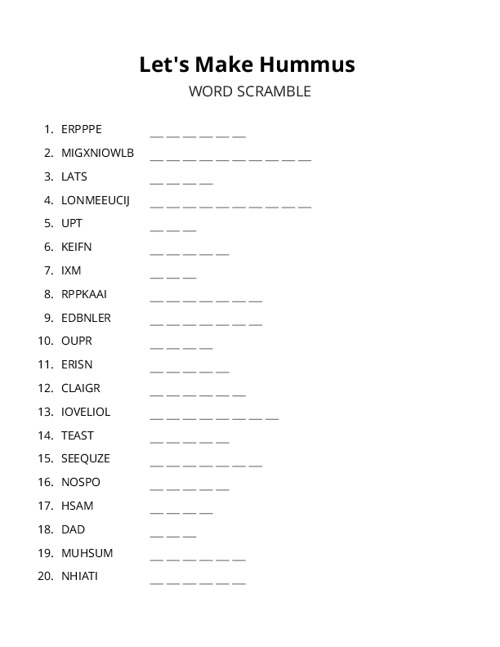 Lets Make Hummus Word Scramble Puzzle