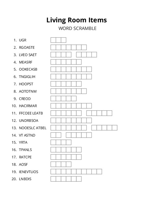 Living Room Items Word Scramble Puzzle