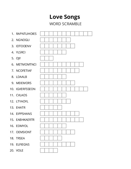 Love Songs Word Scramble Puzzle
