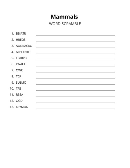 Mammals Word Scramble Puzzle