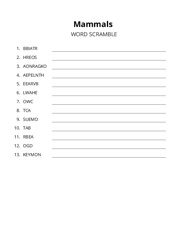 Mammals word scramble puzzle