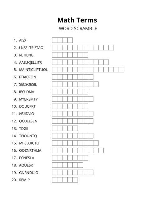 Math Terms Word Scramble Puzzle