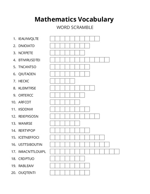 Mathematics Vocabulary Word Scramble Puzzle