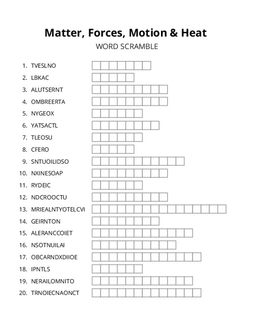 Matter, Forces, Motion & Heat Word Scramble Puzzle