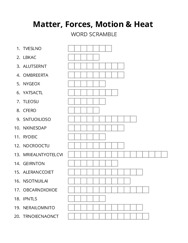 Matter, Forces, Motion & Heat word scramble puzzle