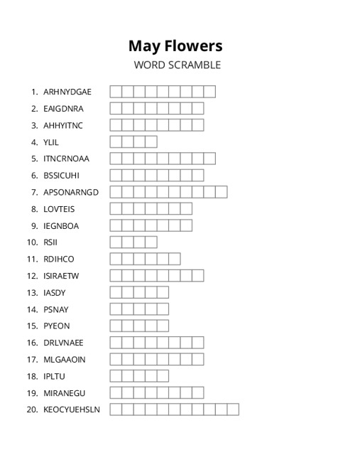 May Flowers Word Scramble Puzzle