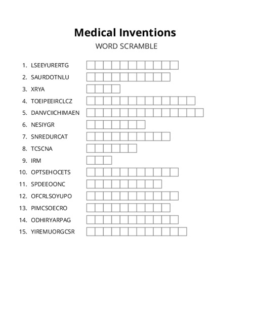 Medical Inventions Word Scramble Puzzle