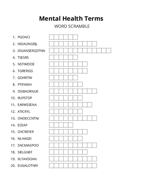 Mental Health Terms Word Scramble Puzzle