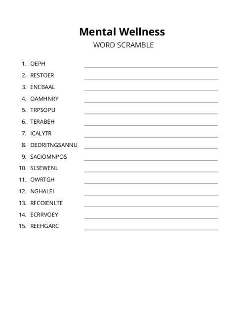 Mental Wellness Word Scramble Puzzle