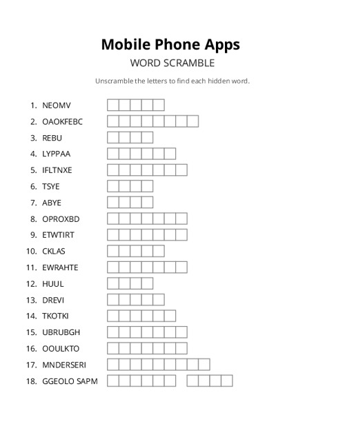 Mobile Phone Apps Word Scramble Puzzle