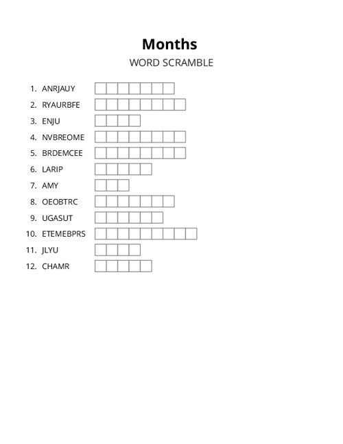 Months Word Scramble Puzzle