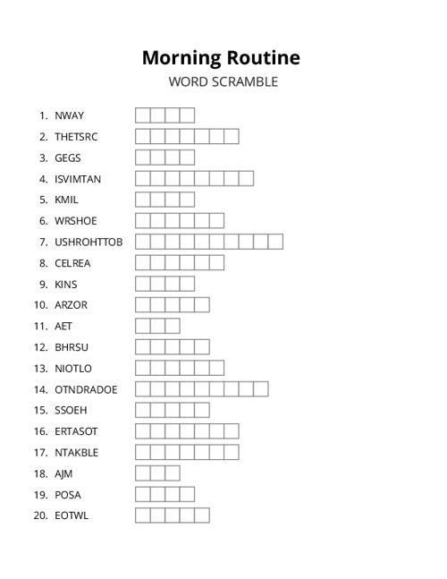 Morning Routine Word Scramble Puzzle