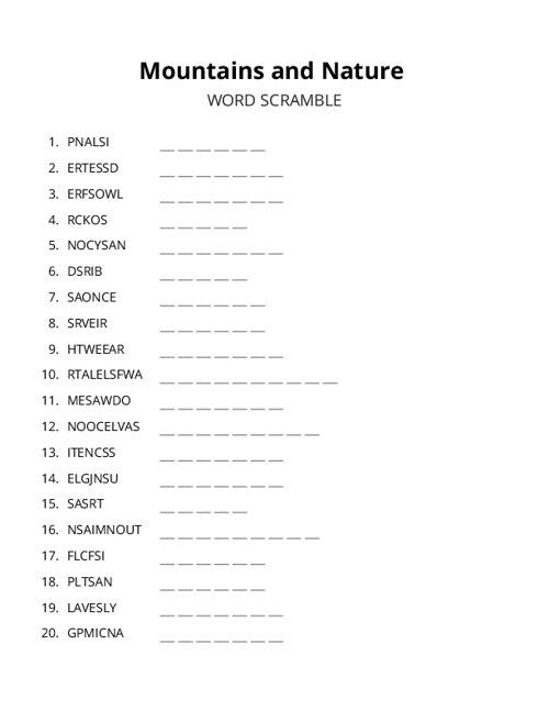 Mountains and Nature Word Scramble Puzzle
