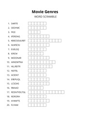 Movie Genres word scramble puzzle