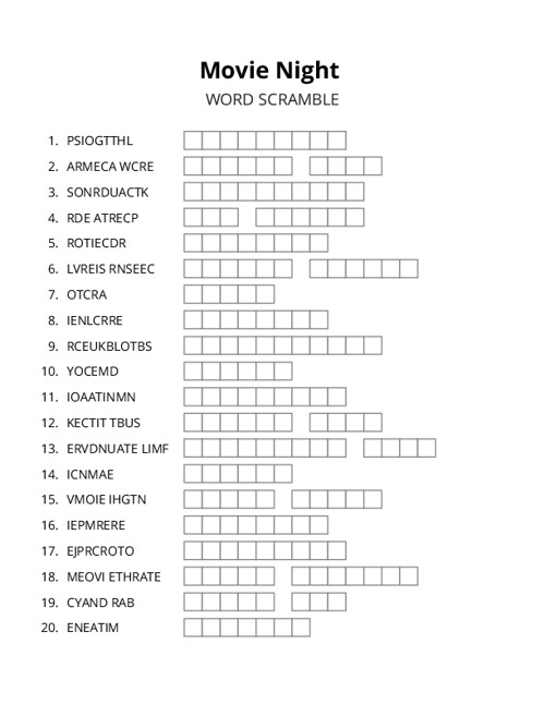 Movie Night Word Scramble Puzzle