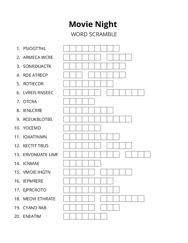 Movie Night word scramble puzzle