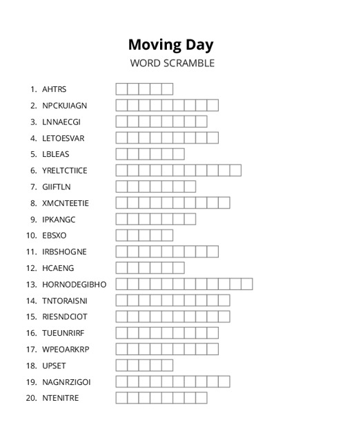 Moving Day Word Scramble Puzzle