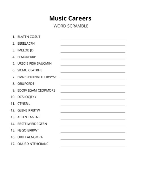 Music Careers Word Scramble Puzzle