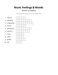Music Feelings & Moods word scramble puzzle