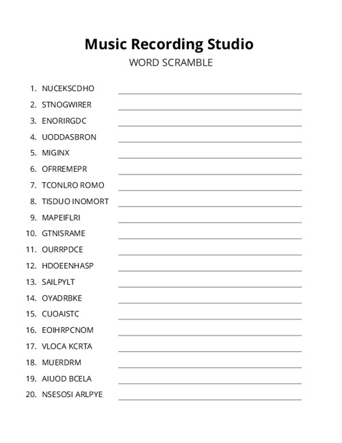 Music Recording Studio Word Scramble Puzzle
