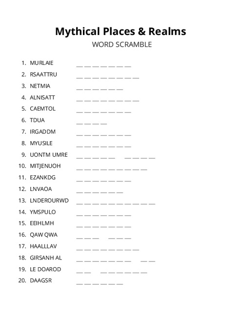 Mythical Places & Realms Word Scramble Puzzle
