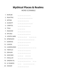 Mythical Places & Realms word scramble puzzle