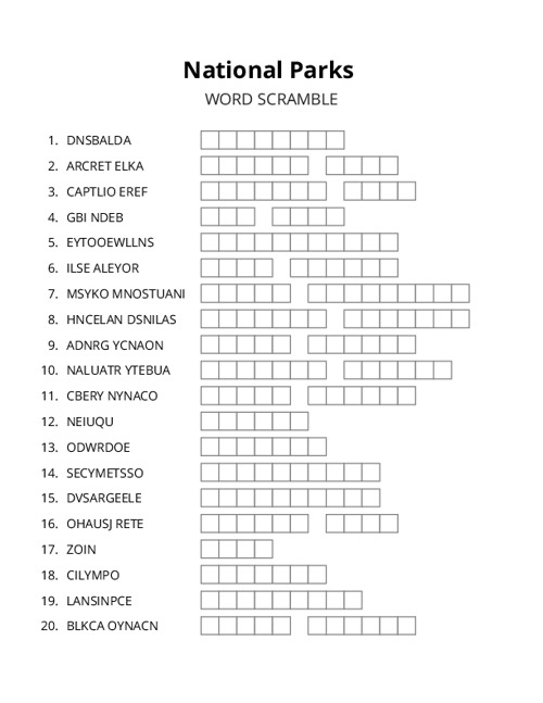 National Parks Word Scramble Puzzle