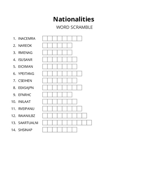 Nationalities Word Scramble Puzzle
