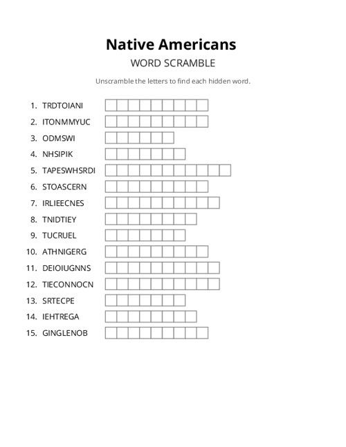 Native Americans Word Scramble Puzzle