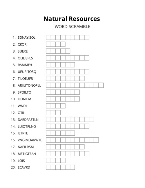 Natural Resources Word Scramble Puzzle