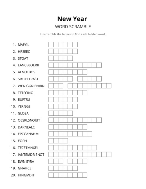 New Year Word Scramble Puzzle