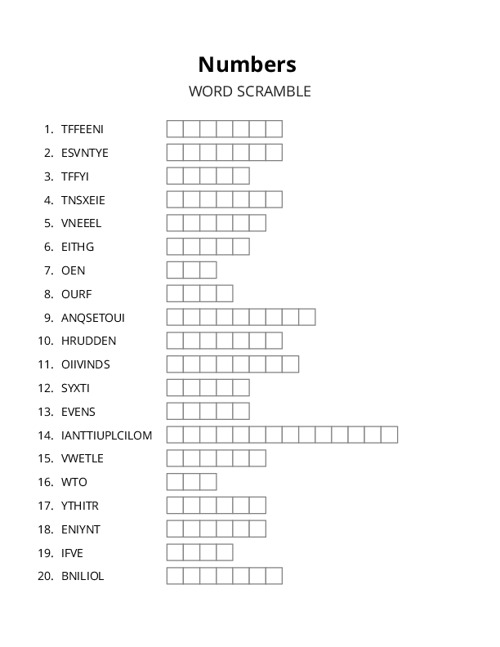 Numbers Word Scramble Puzzle