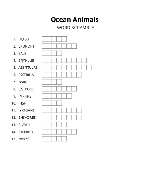 Ocean Animals Word Scramble Puzzle