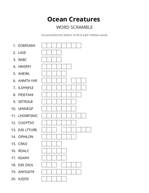 Ocean Creatures Word Scramble Puzzle