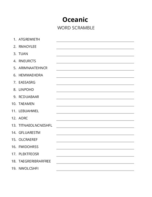 Oceanic Word Scramble Puzzle