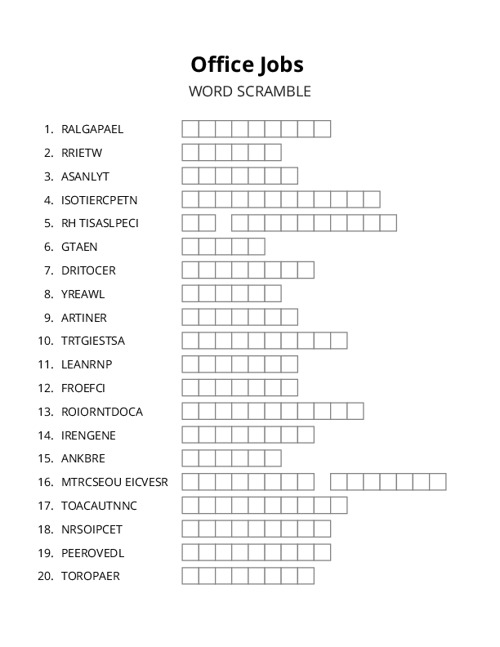 Office Jobs Word Scramble Puzzle