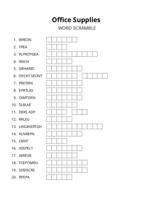 Office Supplies Word Scramble Puzzle