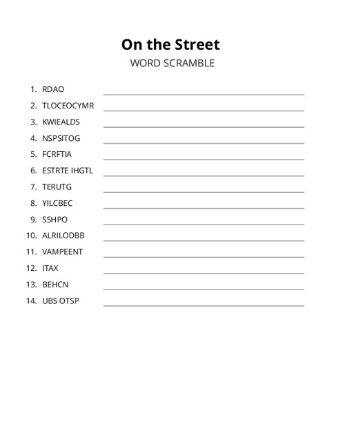 On the Street Word Scramble Puzzle