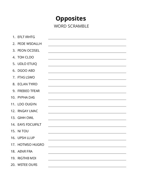 Opposites Word Scramble Puzzle