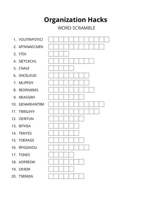 Organization Hacks Word Scramble Puzzle