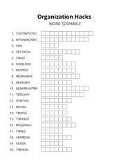 Organization Hacks word scramble puzzle
