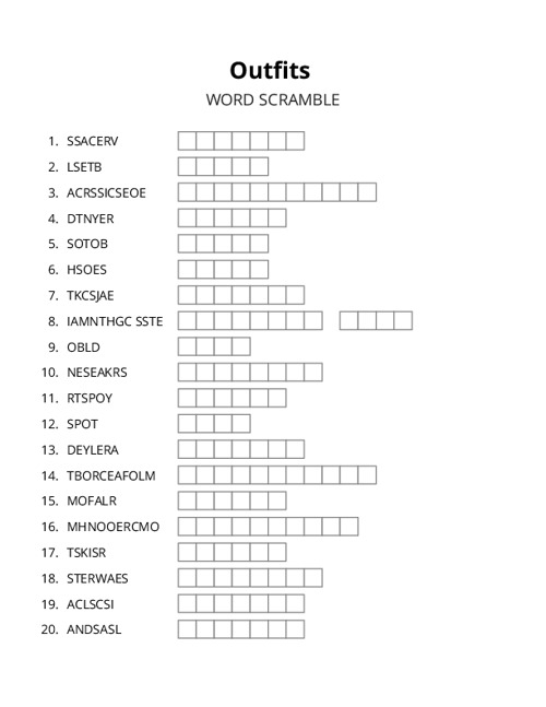 Outfits Word Scramble Puzzle