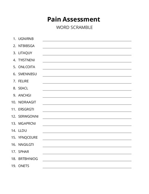 Pain Assessment Word Scramble Puzzle