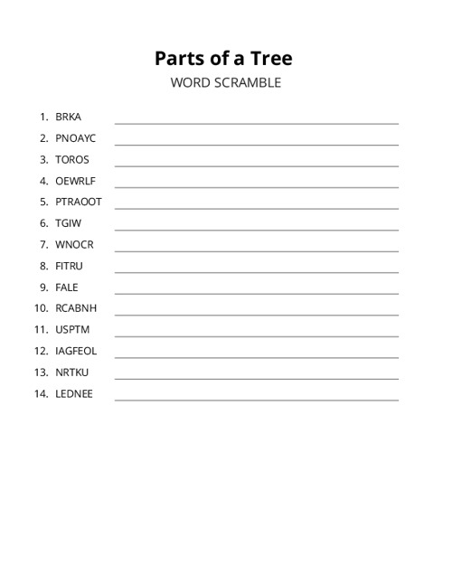 Parts of a Tree Word Scramble Puzzle