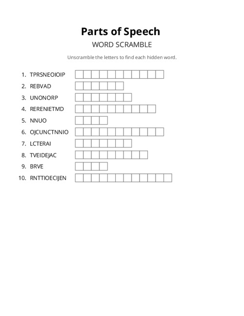 Parts of Speech Word Scramble Puzzle
