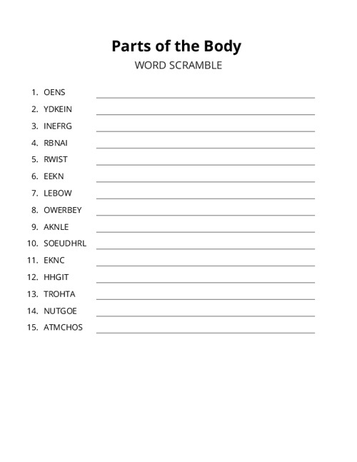 Parts of the Body Word Scramble Puzzle