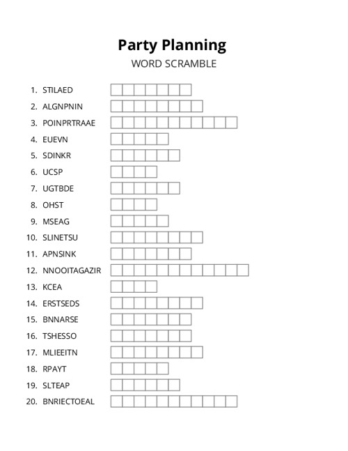 Party Planning Word Scramble Puzzle