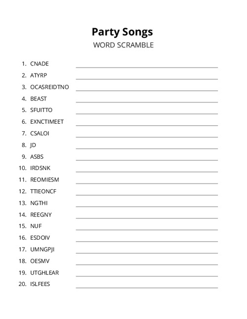 Party Songs Word Scramble Puzzle