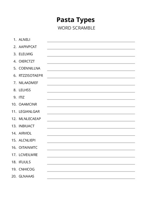 Pasta Types Word Scramble Puzzle